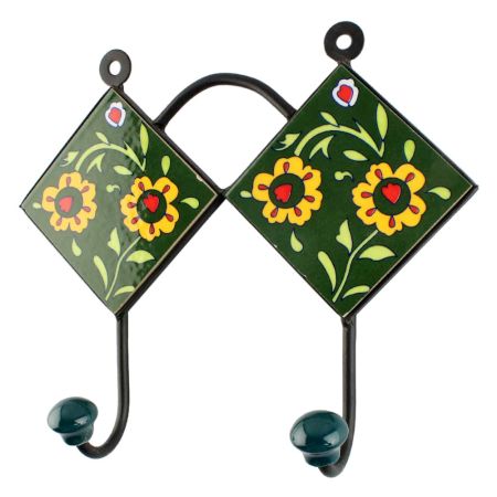 Forest Green Floral Ceramic Tile Hook
